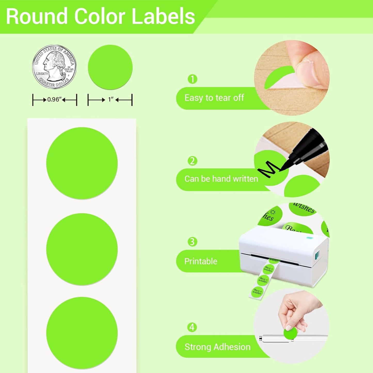 1 Inch Circle Dot Stickers 1000 PCS Color Coding Thermal Labels Dots Writable Printable Small Round Stickers for Office, Classroom, Inventory, Garage, Organizing Storage, DIY, Light Green