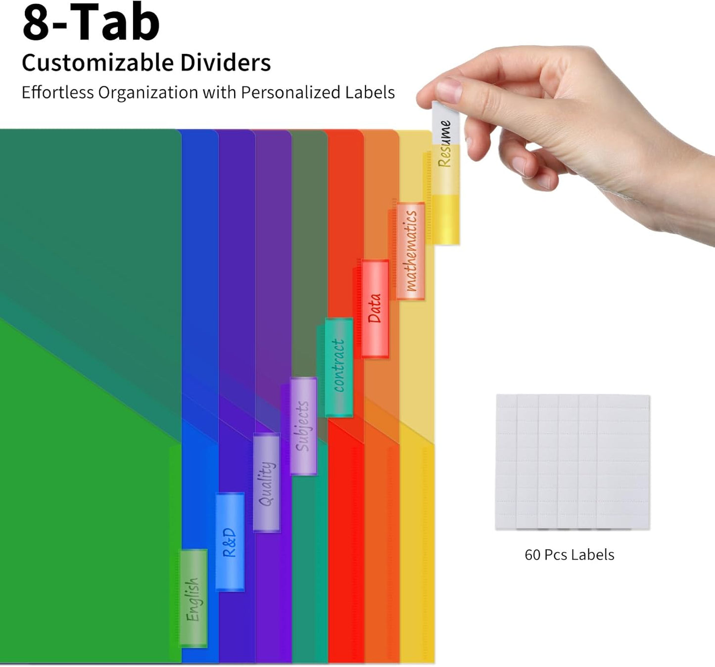 Binditek 48 Pack Plastic 8-Tab Binder Dividers with 2 Pockets, Tab Insertable Poly Pocket Dividers for 3 Ring Binders, Letter Size, Multicolor, Writable Label Cards, for Students and Coworkers, 6 Set