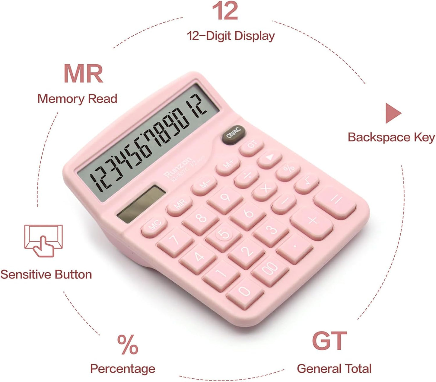 2PC Pink Calculator, Solar Battery Dual Power Calculator,Desktop Calculator 12 Digit with Large LCD Display, Pink Office Supplies with Sensitive Button, Pink Desk Accessories, School Supplies
