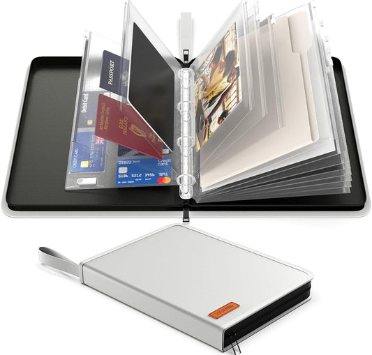 Important Document Organizer Zipper Binder, Fireproof Document Bag for Birth Certificate Protector, Waterproof Bill Organizer in Case I Go Missing Binder for Home Safe, 4 Ring Receipt Holder(Sliver)