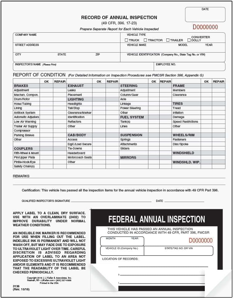 J. J. Keller 100-Pack, Record of Annual Inspection Form with Inspection Decal, 2-Ply Carbonless Form, DOT Compliant
