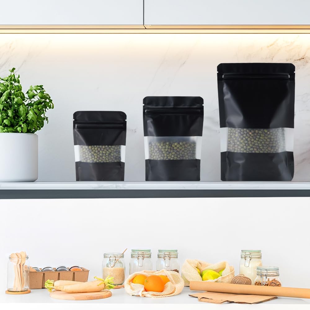 4CP 100 Pcs Black Zipper Smell Proof Bags with Window, 7.0x10.5 Inch Stand Up Foil Pouches for Food Selfsealing Storage, Reusable Bag for Packaging Small Business, Cookies, Nunt, Candy