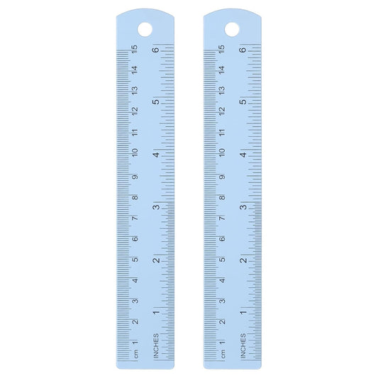 HARFINGTON 2pcs Metal Straight Ruler 15cm Metric SAE Aluminum Alloy Measuring Rulers Scale Tool with Hole for Measure Study Reading Classroom Office, Light Blue