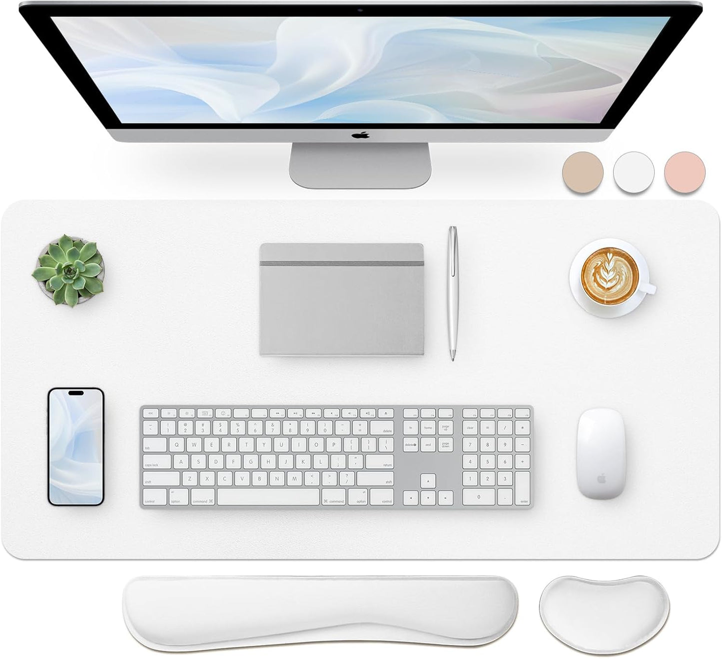 Bloss Leather Desk Pad and Keyboard Wrist Rest, Large Mouse Pad + Keyboard Pad+Mouse Wrist Support, Non-Slip Desk Mat Protector for Office, Home(31.5×15.7 Inches,White)