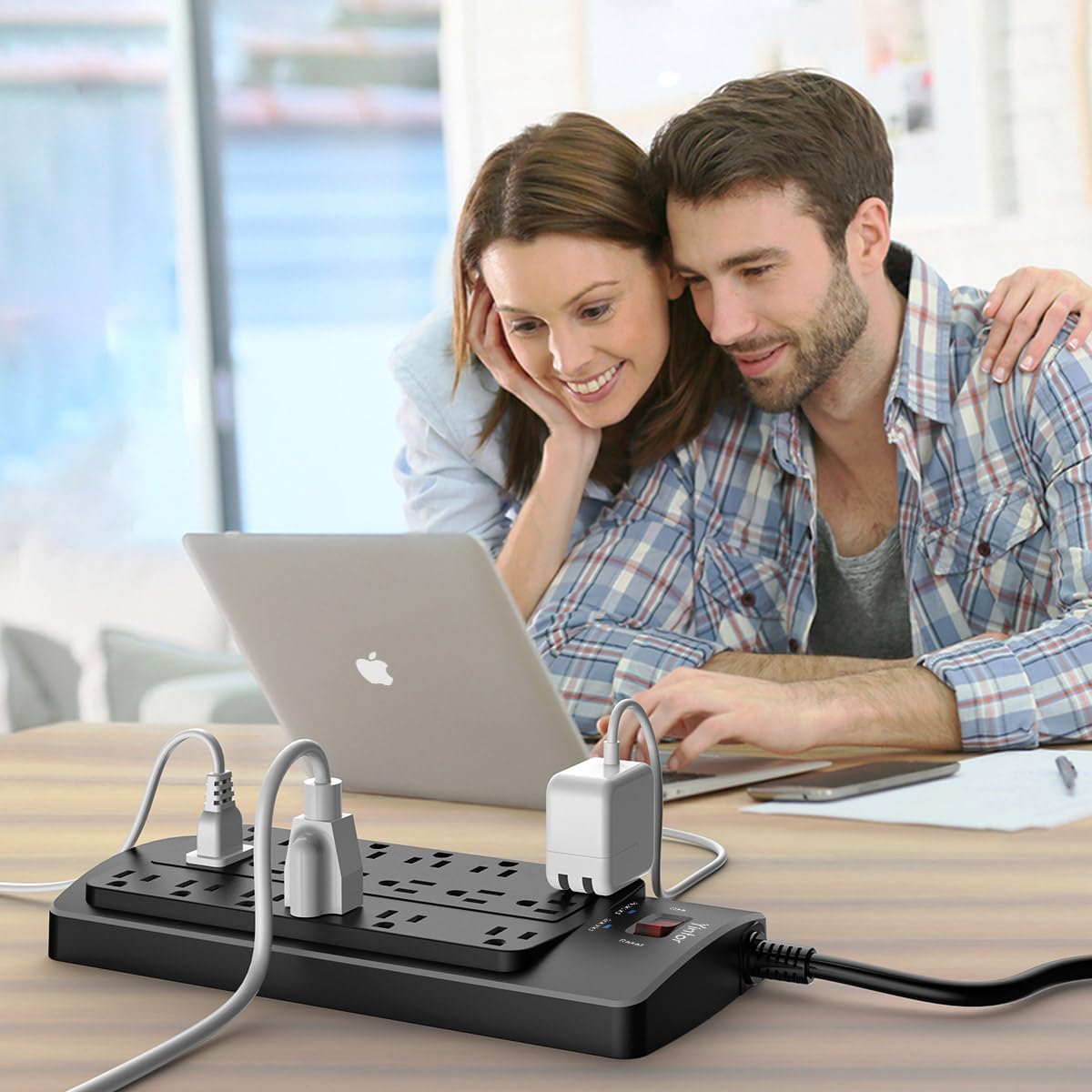 6FT Yintar Surge Protector Power Strip - Flat Plug Extension Cord with 18 AC Outlets for Home, Office, Dorm Essentials, 2100 Joules, ETL, Black