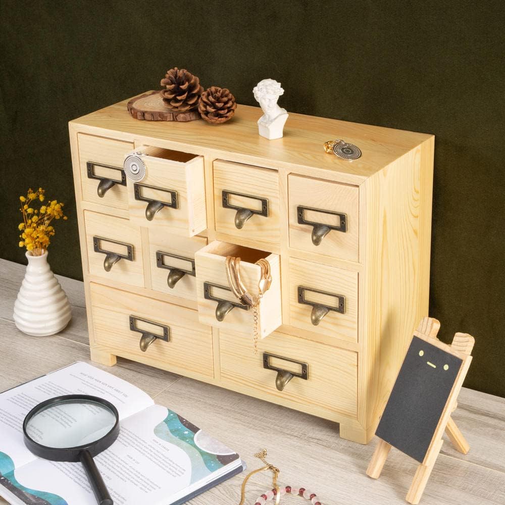 Apothecary Cabinet with 10 Drawers & Labels Rustic Library Card Catalog Cabinet Desktop Wooden Storage Box for Organize Herbal、Tea Bag、Jewelry (Wood)