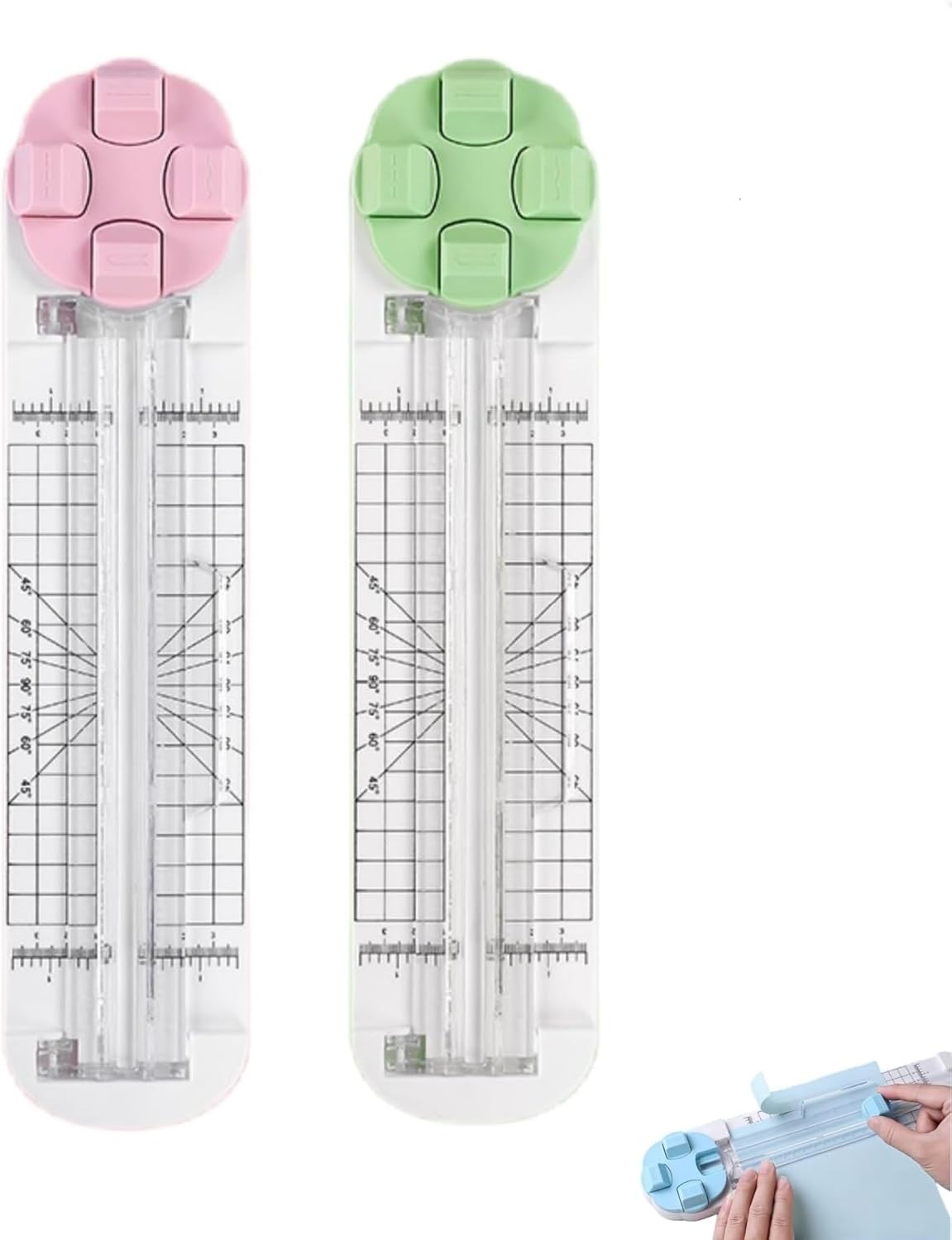 4-in-1 Multi-Function Paper Trimmer,Bidirectional Papers Cutter, Equipped with Straight,4 in 1 Paper Cutter 4 Styles Craft Paper Cutter Multi-Function Scrapbooking Tool (Pink+Green-2PCS)