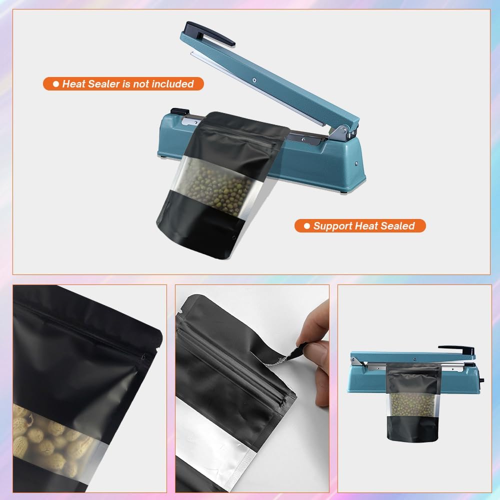 4CP 100 Pcs 4x6 Inch Zipper Smell Proof Bags with Window, Black Stand Up Foil Pouches for Food Selfsealing Storage, Reusable Bag for Packaging Small Business, Cookies, Nunt, Candy