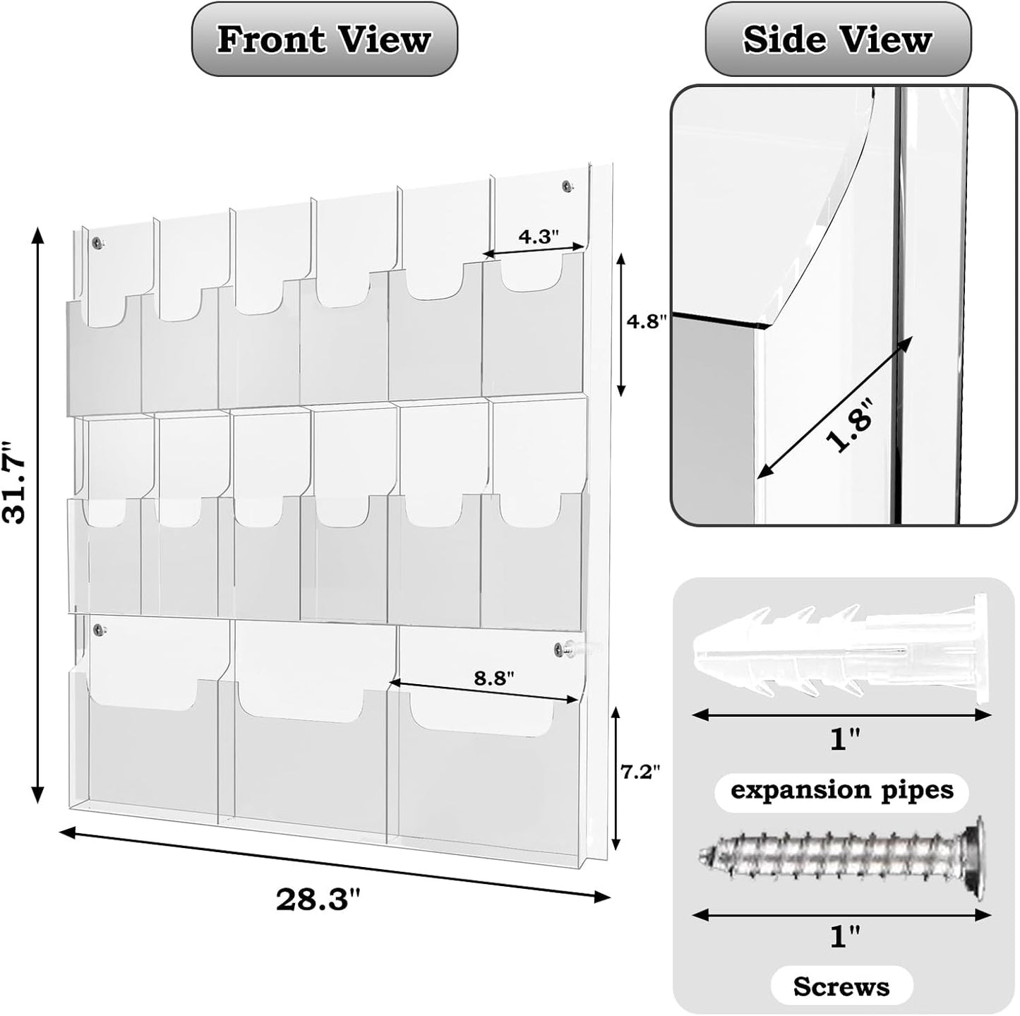 Acrylic Brochure Pamphlet Holder, 3 Magazine Holders and 12 Pamphlet Holders, Clear Brochure Display Holder Wall Mount, Trifold Flyer Rack, Literature Storage Rack for Home, Offices, Waiting Room