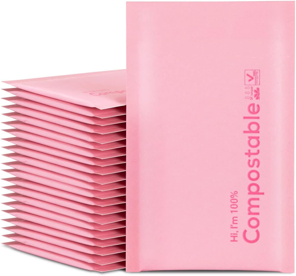 4x8 100% Biodegradable Bubble Mailers,25 Count Pink #000 Compostable Padded Packaging Wrap Envelopes Pouches Eco Friendly Self Seal Bags