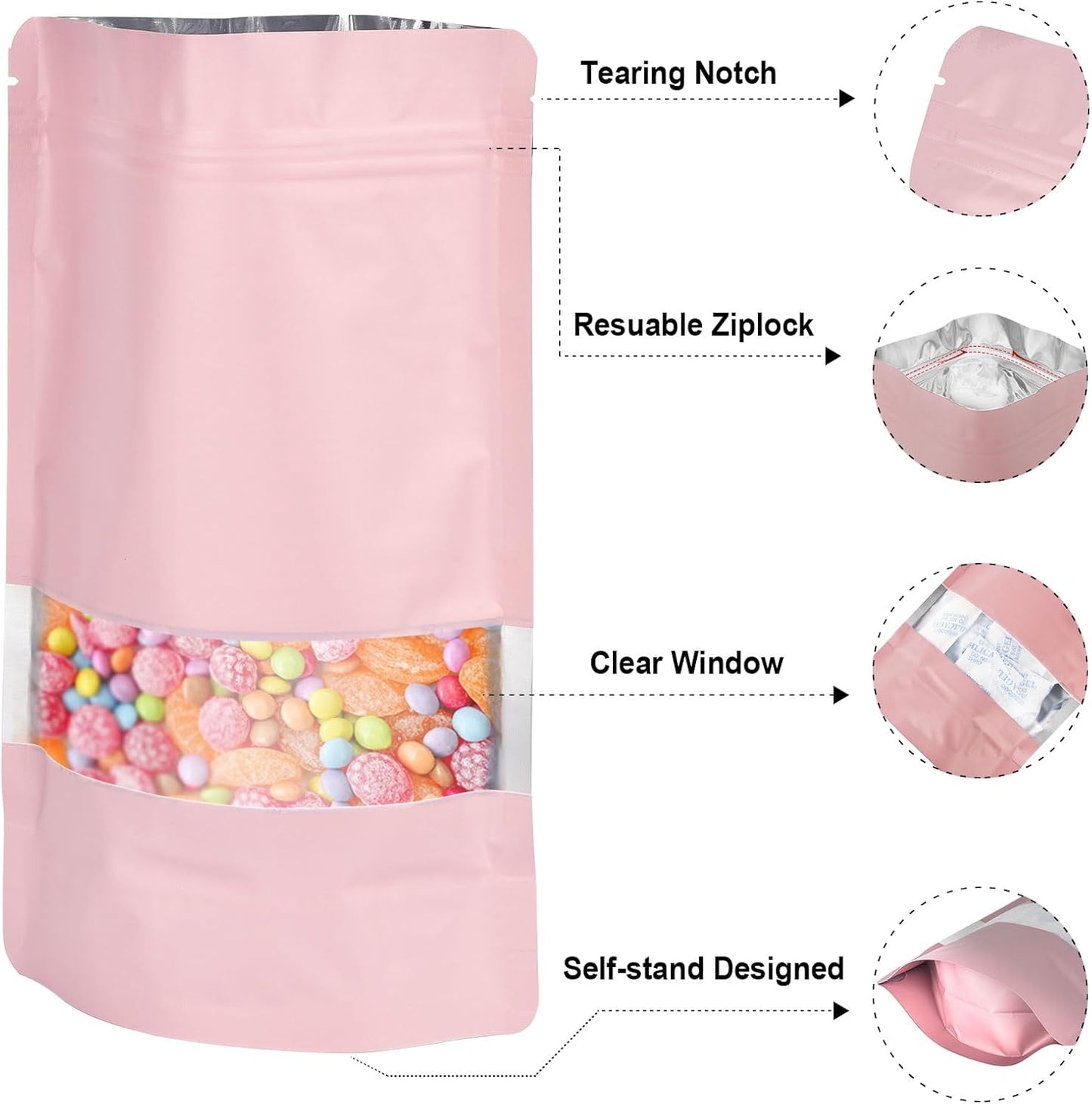 6.3"x9.5" 120pcs Mylar Bags for Food Storage,Smell Proof Bag with Matte Window Resealable Food Storage Bags for Small Business, Stand-up Foil Pouch Packaging Freeze Dried Candy Bag(Pink)