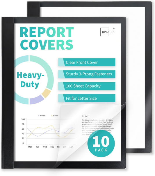 Binditek 10 Pack Heavy-Duty Clear Front Report Covers with 3 Prongs, 100-Sheet Capacity, Plastic Report Folder with Black Back Covers, 3 Metal Prongs Fasteners, for Letter Size, Office Supplies