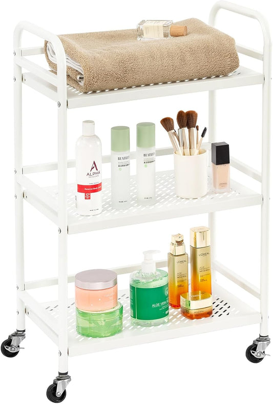 HDANI 3 Tier Rolling Cart,Heavy Duty Multifunctional Metal Frame-Supports 22 Lbs Per Tier,Rolling Cart with 2 Lockable Wheels for Office,Home,Bedroom,Kitchen,Bathroom (White)…