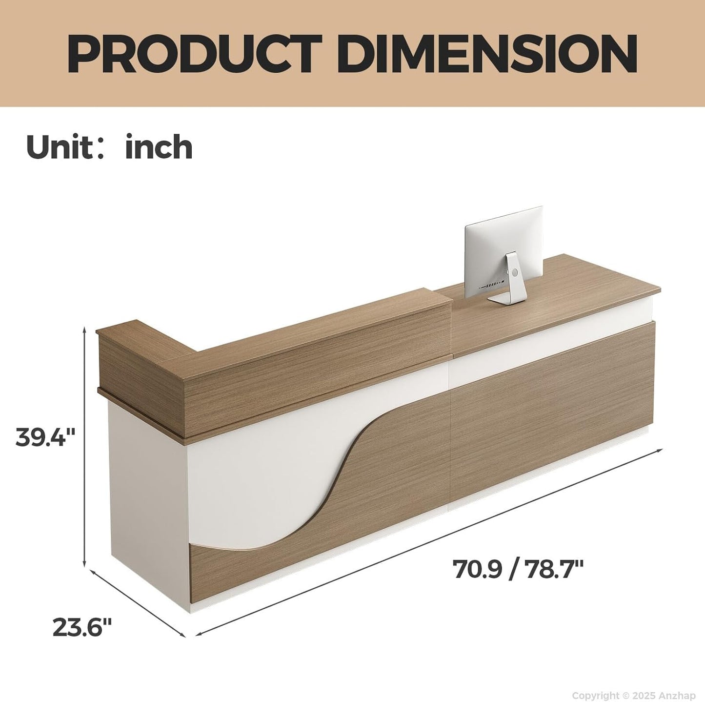 Modern Reception Desk – L Shaped Front Desk Checkout Counter with Drawers, Storage Cabinet and Double-layer tabletop for Office, Salon, Lobby, Cashier (White+Natural/Right, 71"L * 24"W * 39"H)