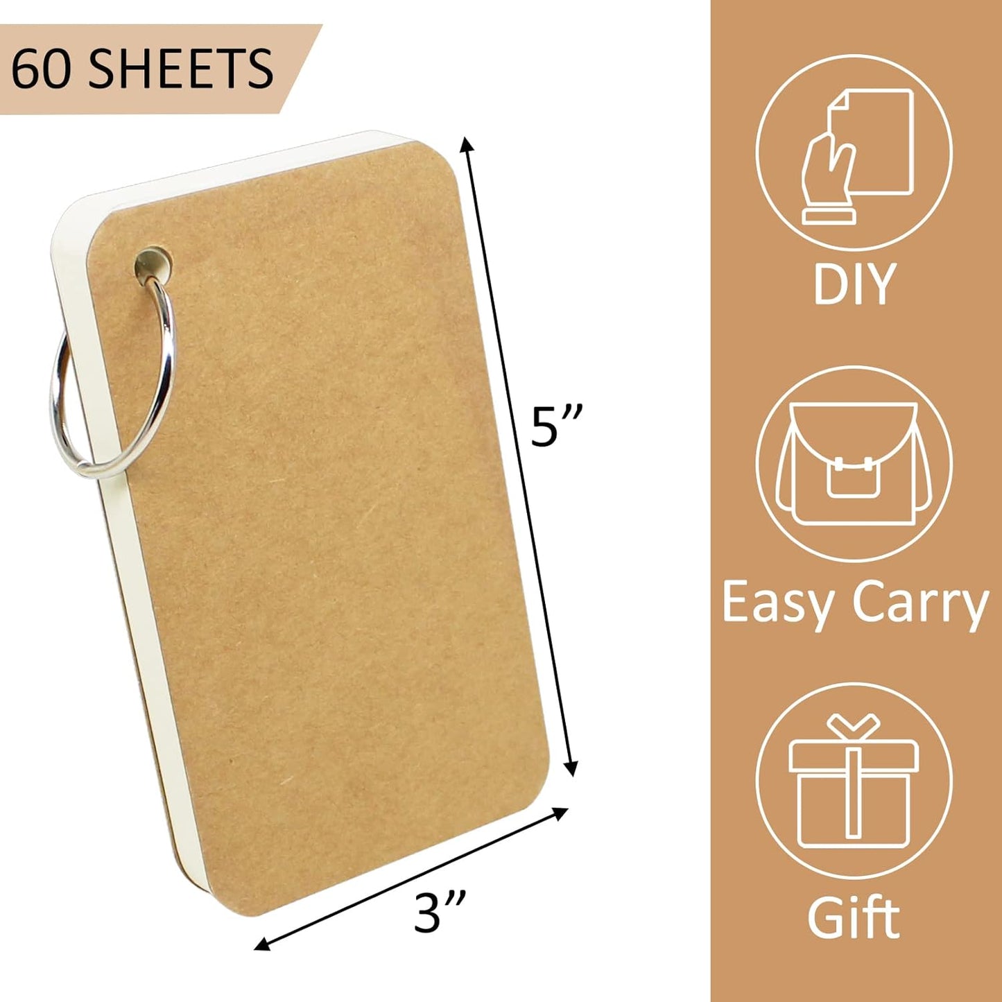 6 Pack 360 Pcs 3x5 Inch Lined Flash Cards with Binder Rings (60 Sheets Each Pack), Ruled Index Cards Study Cards 3x5 Lined Note Cards for Studying, School, Memory