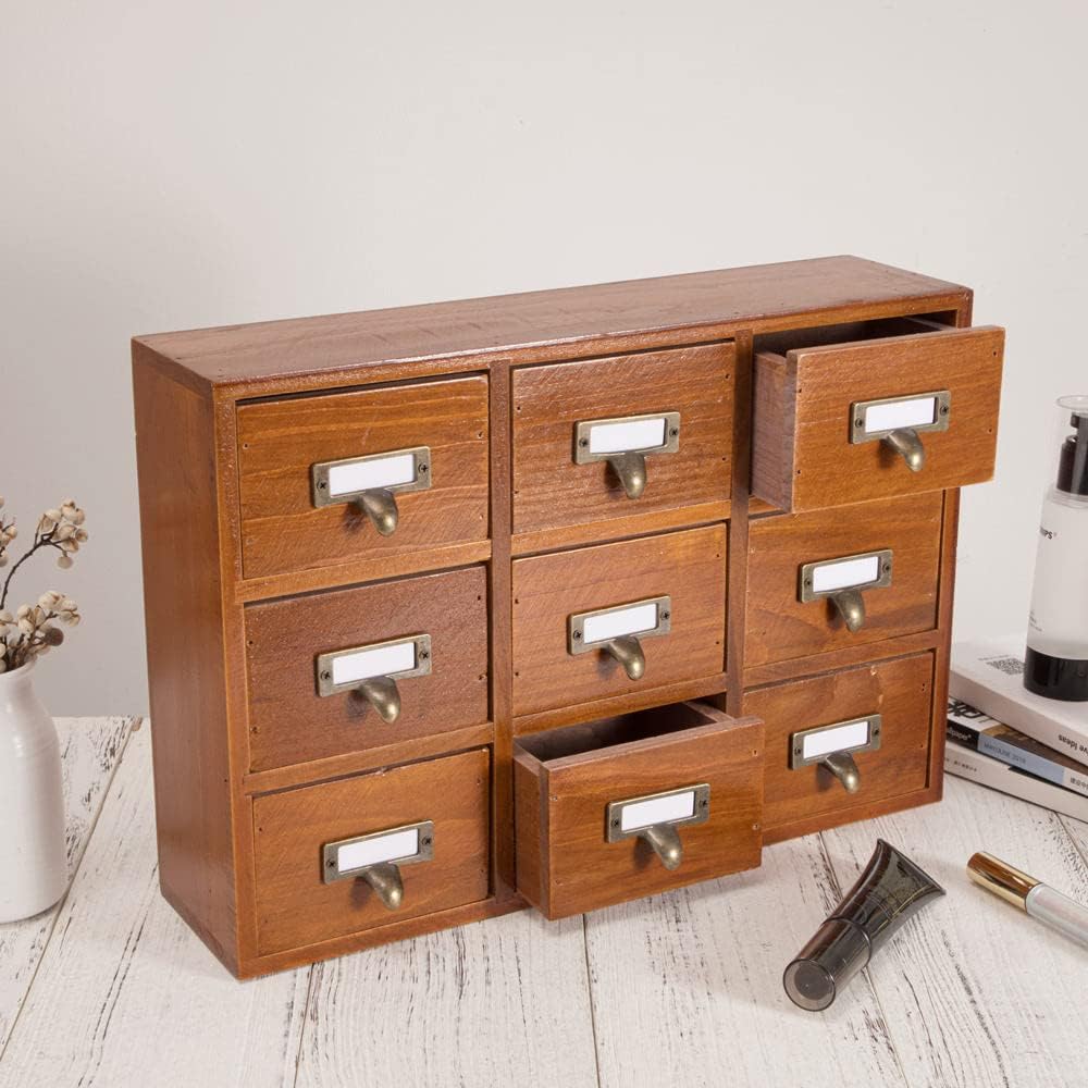 9 Drawers Library Card Catalog Cabinet with Labels Apothecary Cabinet Tabletop Apothecary Chests and Cabinets Herb Storage Box Wooden Desk Drawer Organizer Medicine Vintage Furniture(Brown)
