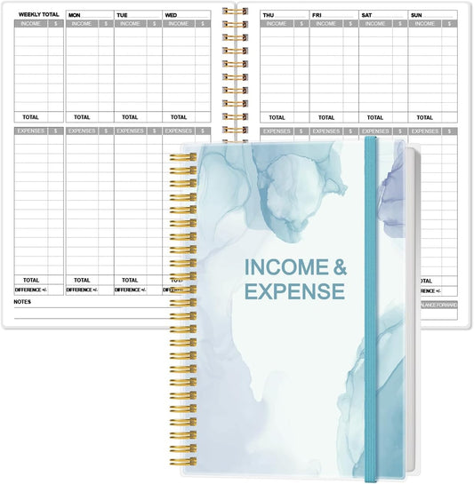 Heveboik Income & Expense Log Book - A5 Income and Expense Tracker for Small Business, Accounting Bookkeeping Tracking for Woman and Man, 5.8" x 8.3", Teal Watercolor