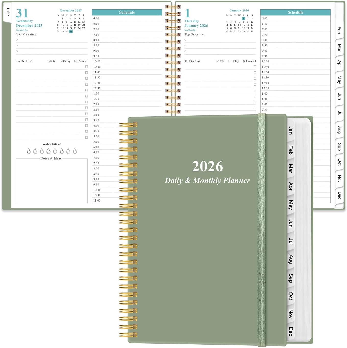2026 Daily & Monthly Planner - One Page Per Day, Daily Planner from January 2026 - December 2026, Planner 2026 with 12 Monthly Tabs, 8.5" x 11", Green