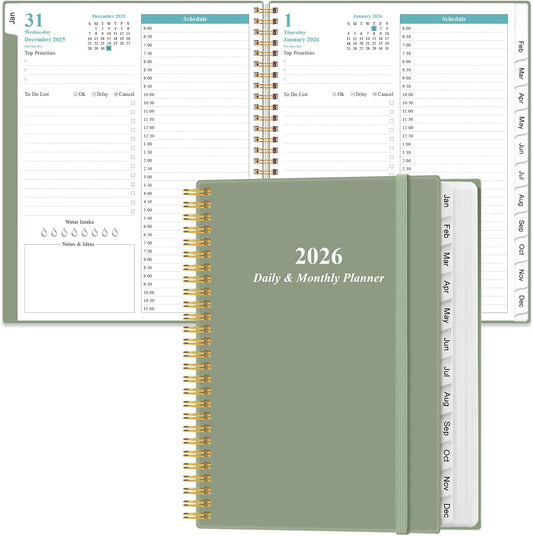 2026 Daily & Monthly Planner - One Page Per Day, Daily Planner from January 2026 - December 2026, Planner 2026 with 12 Monthly Tabs, 8.5" x 11", Green