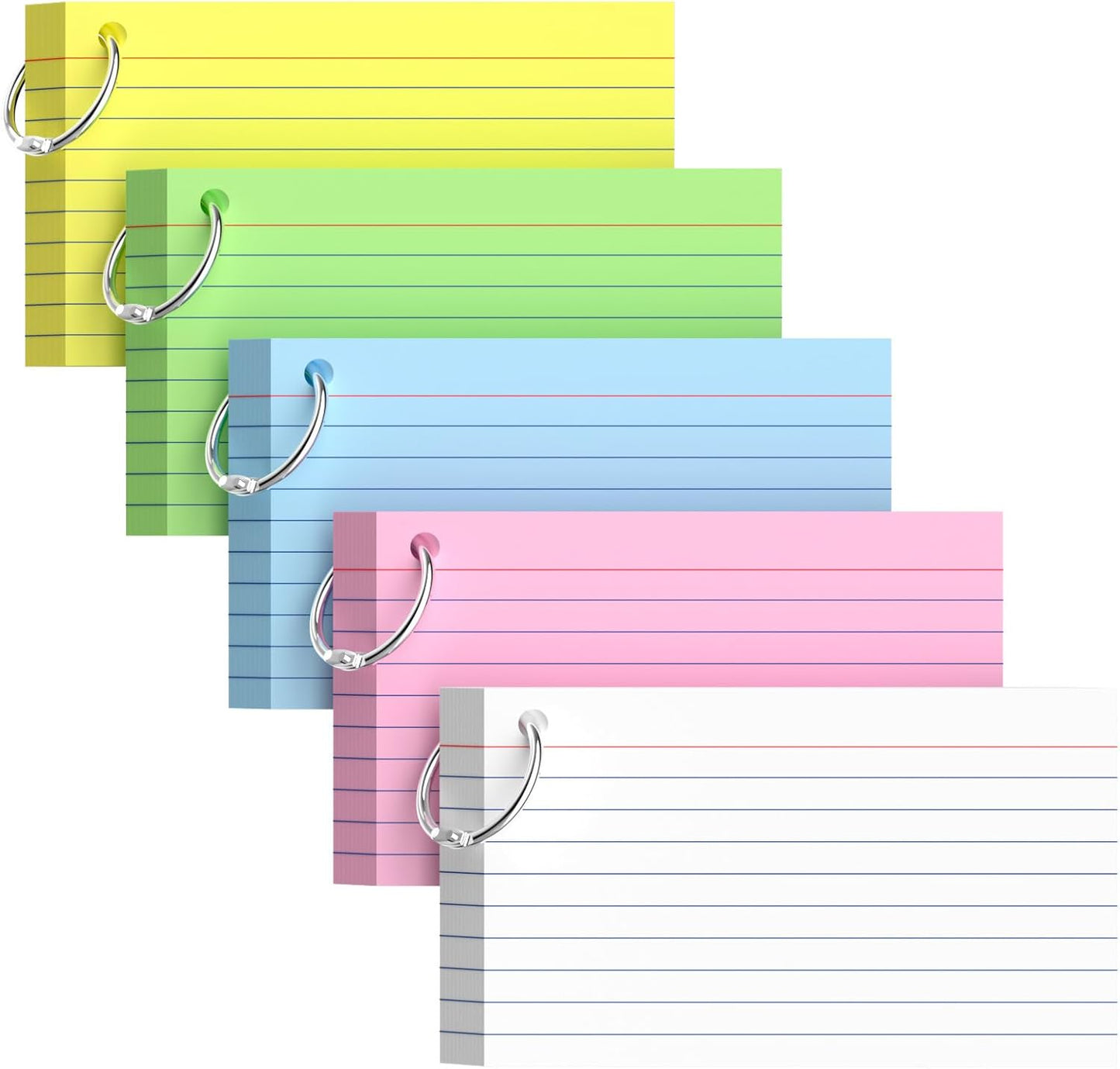 250-Pack Colored Index Cards 3x5 Inch w/Key Ring – 180gsm Heavyweight Flashcards – 5 Vibrant Colors Flash Cards (White Pink Blue Yellow Green) – Perfect for Study & Notes, Students School Supplies