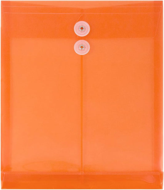 JAM PAPER Plastic Envelopes with Button & String Tie Closure - Letter Open End - 9 3/4 x 11 3/4 - Bright Orange - 12/Pack