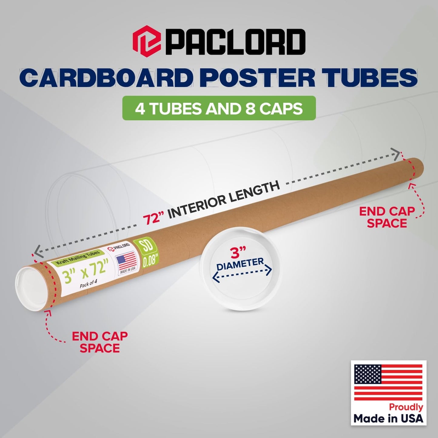 3" x 72" Reinforced Kraft Paper Mailing Tube, Pack of 4 Tubes with 8 Caps – Secure USPS Approved Poster Tube – Cardboard Tube for Shipping and Storing Posters, Prints, Artwork, or Documents