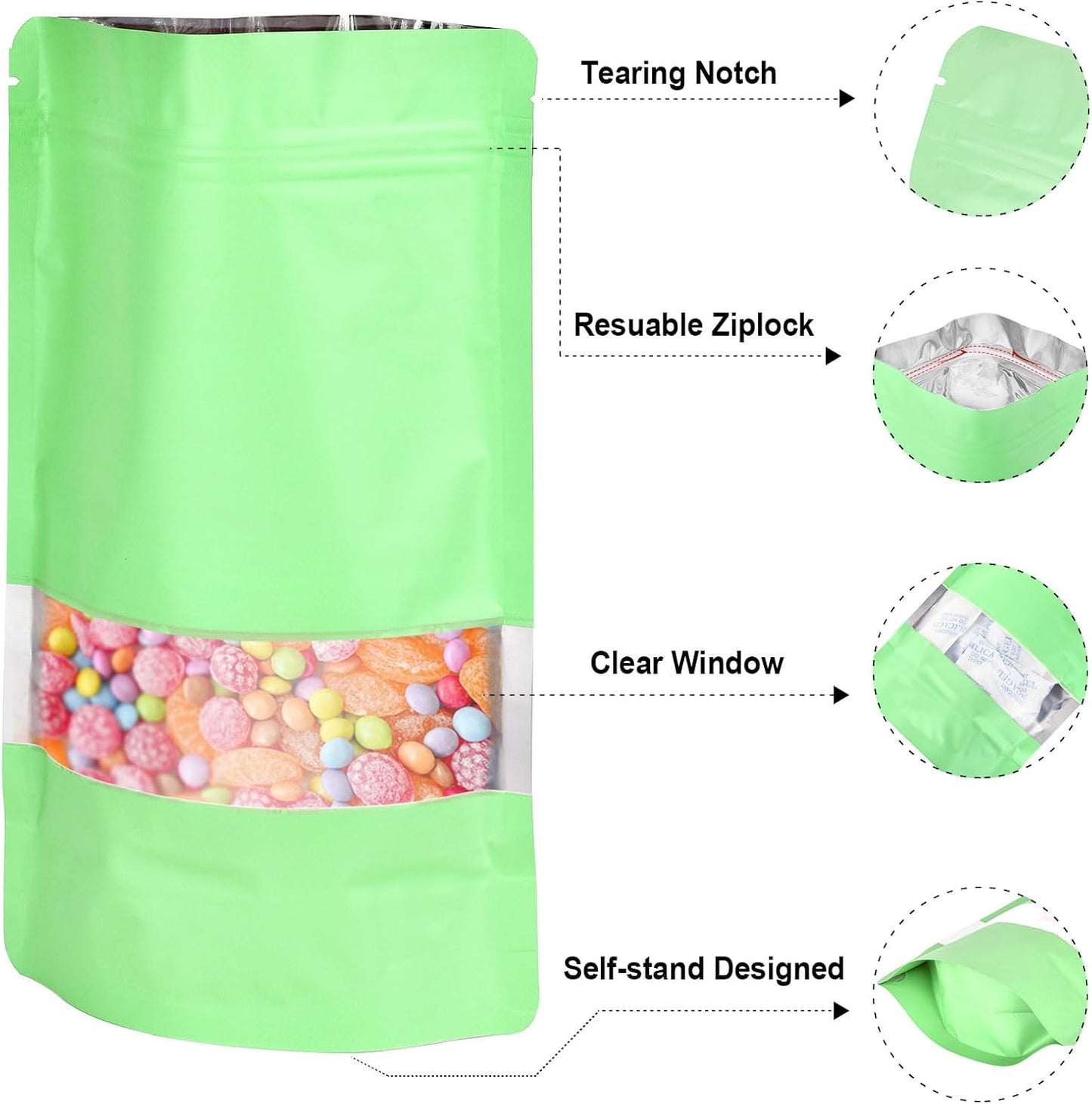 5.9"x8.6" 120pcs Mylar Bags for Food Storage,Smell Proof Bag with Matte Window Resealable Food Storage Bags for Small Business, Stand-up Foil Pouch Packaging Freeze Dried Candy Bag(Light Green)