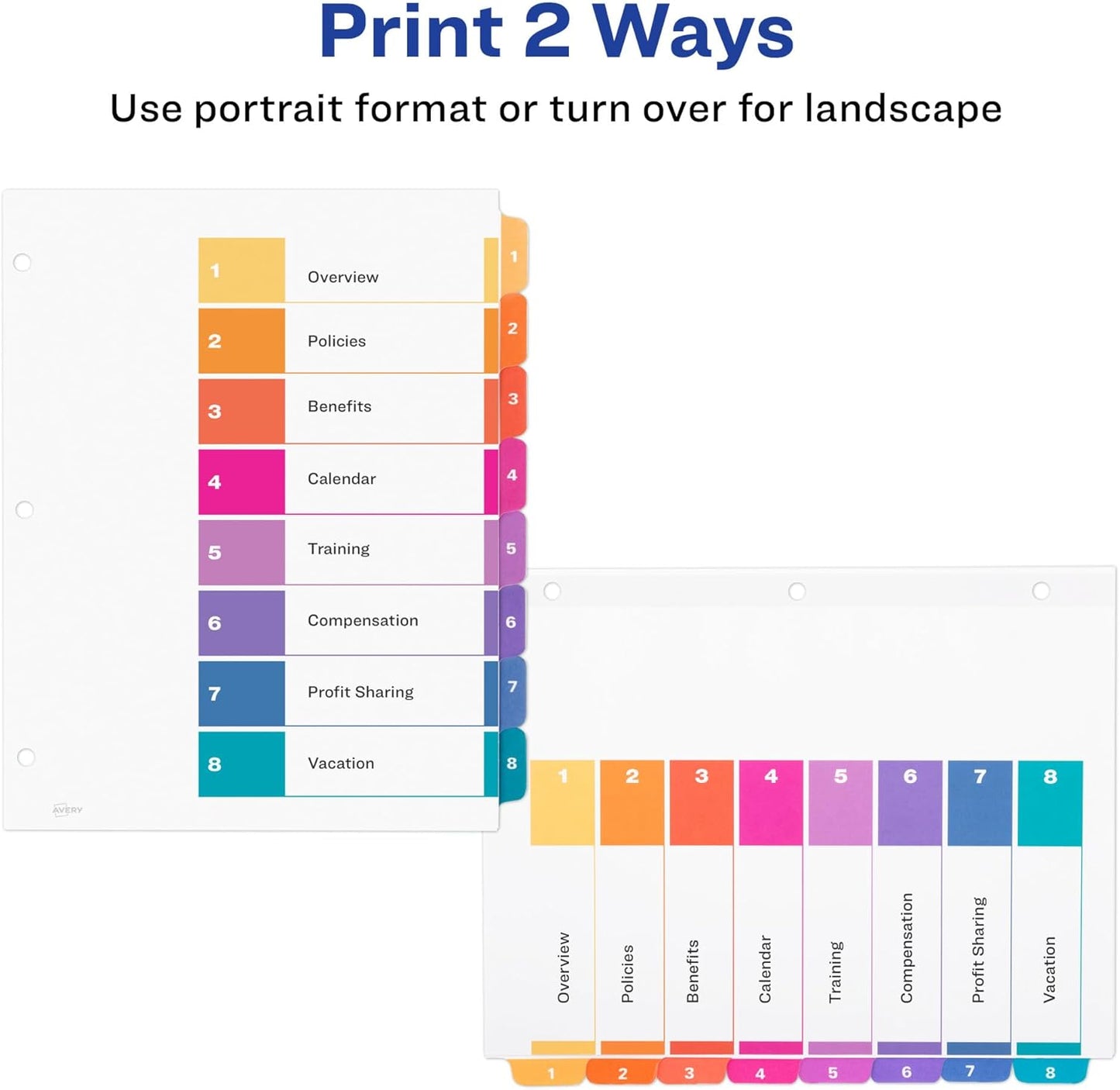 Avery Dividers for 3 Ring Binders, 8 Tabs per Set, Customizable Table of Contents, Multicolor Tabs, Great for Organizing Reports, Projects, and More (11133)