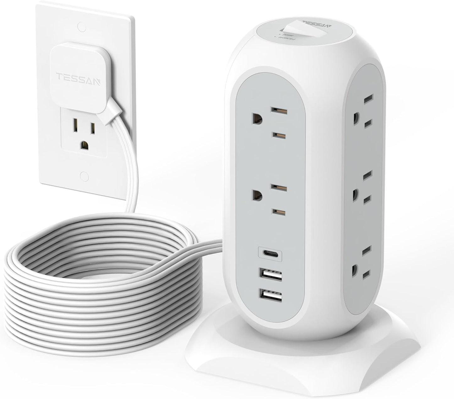 15 ft Extension Cord Tower Power Strip, 11 Outlets 3 USB(1 USB-C) Chargers, TESSAN Surge Protector with Multi Plug Outlet, 1050J Protection, Office Supplies, Desk Accessories, School Dorm Essential