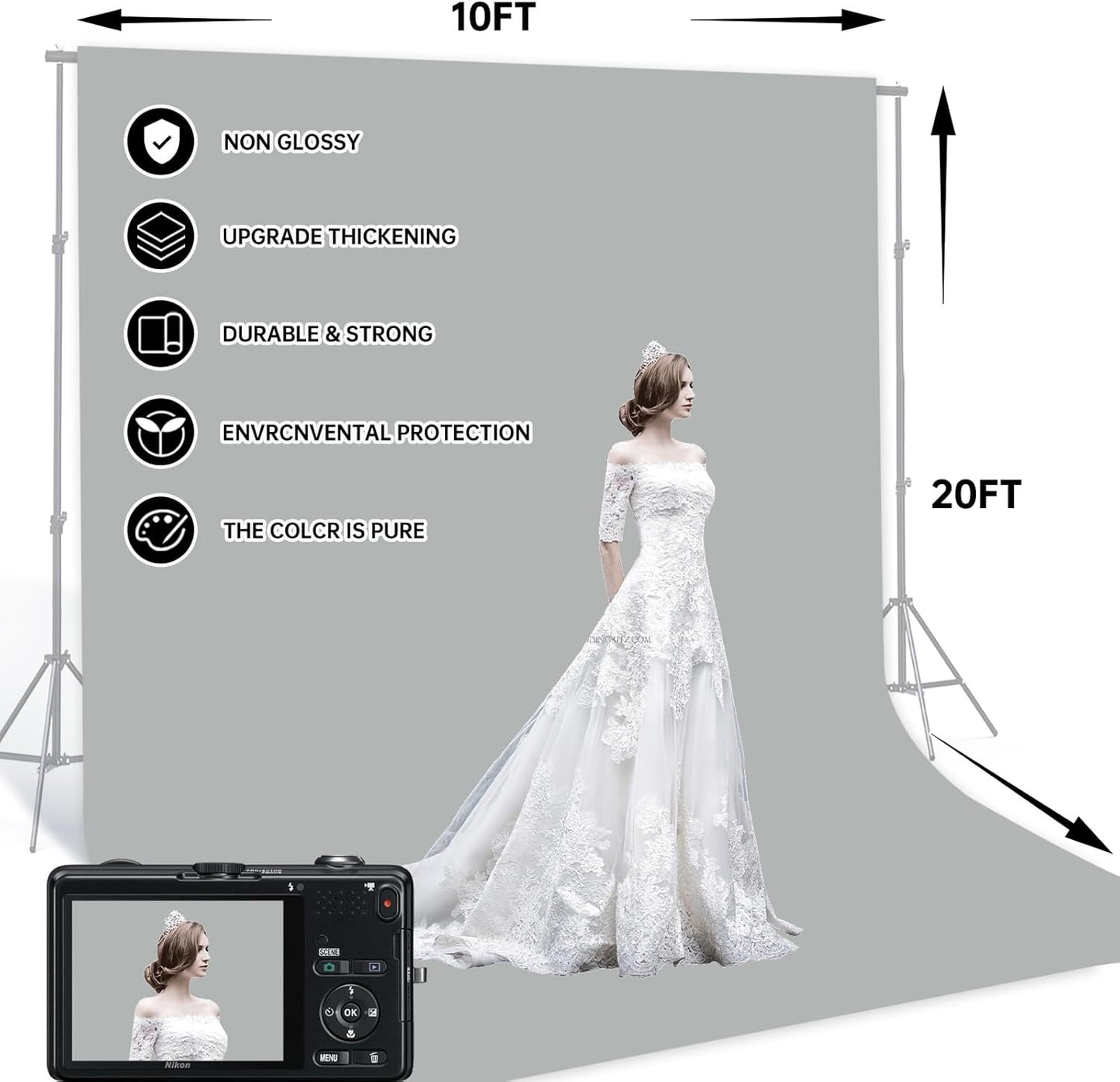 BEIYANG Light Grey 10 x 20 Ft Large Screen Backdrop Cloth for Photography, Non-Reflective Gray Photo Background Screen for Portrait Product Photo Studio Shooting Props, Background Decoration Cloth