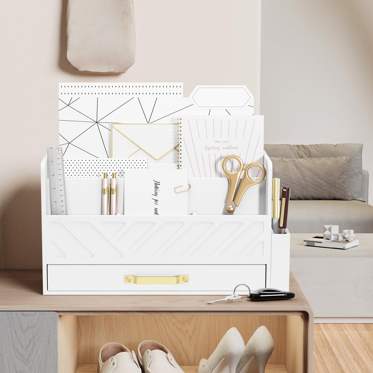 Bamboo Desk Organizer Mail Holder Countertop Wood Desk Drawer Tabletop Storage Box Pen Holder Letter Sorter Makeup Organizer for School Home Office Supplies with Pen Holder White