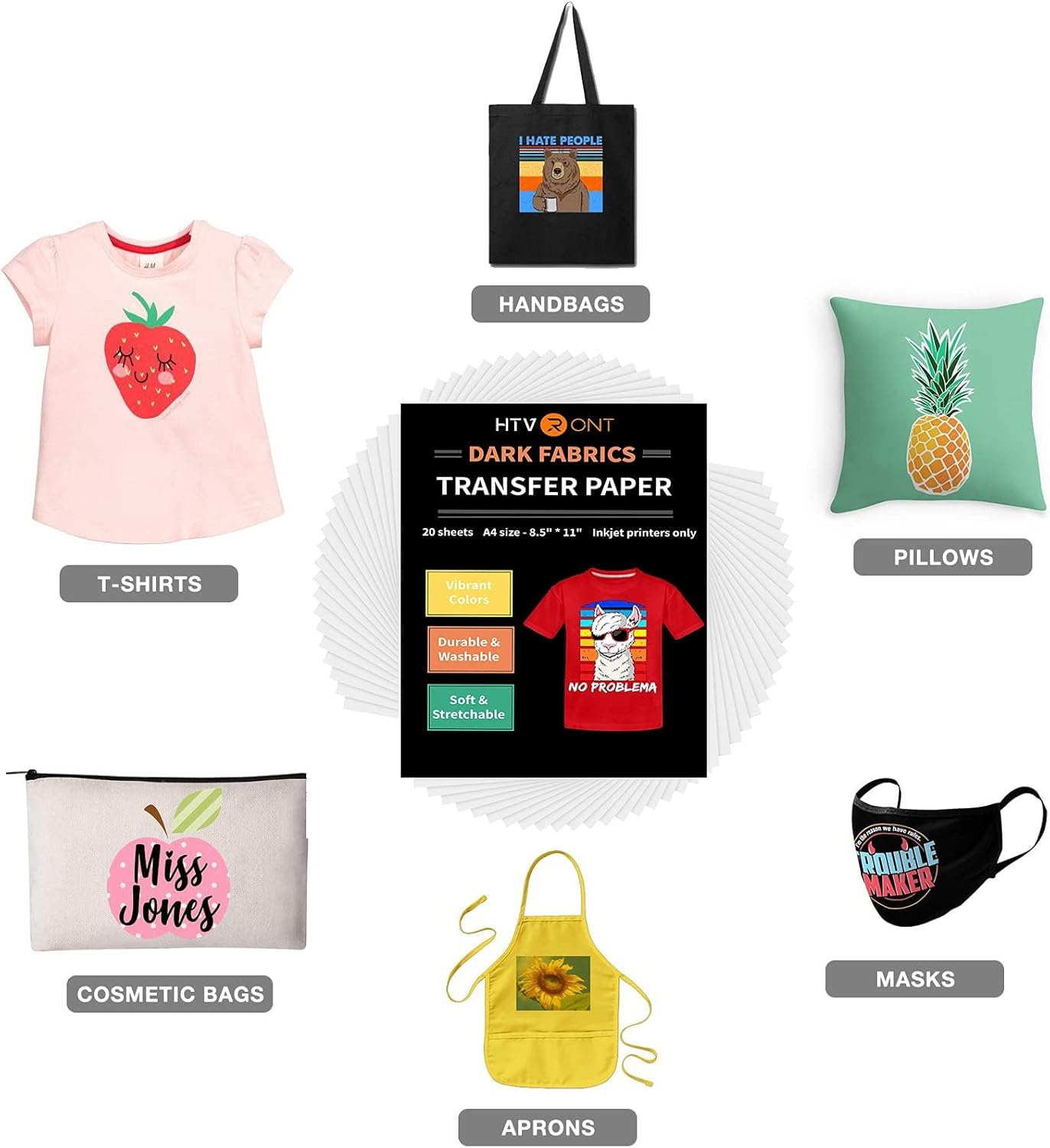 HTVRONT Heat Transfer Paper for T Shirts 20 Sheets, 8.5" X 11" Printable Heat Transfer Vinyl, Vivid Color & Durable Iron on Transfer Paper for Dark Fabric