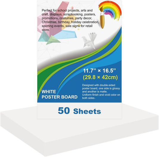 50 Pcs White Poster Board Paper 11.7 x 16.5, ROOKEA White Vision Boards Bulk Smart Posterboard Blank Graphic Display Card Paper for Drawing Artwork School Arts Crafts Classroom Projects Scrapbooking