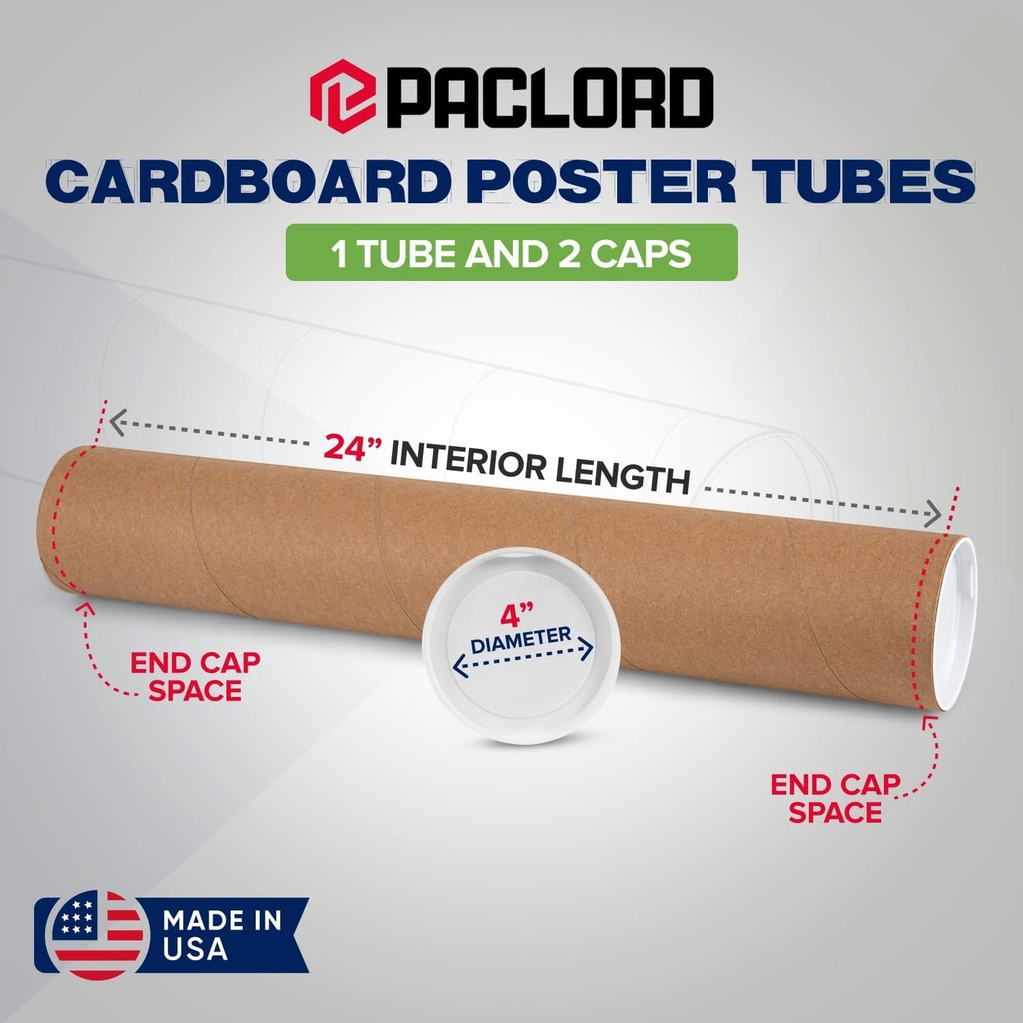 4" x 24" Reinforced Kraft Paper Mailing Tube, Pack of 1 Tube with 2 Caps – Secure USPS Approved Poster Tube – Cardboard Tube for Shipping and Storing Posters, Prints, Artwork, or Documents