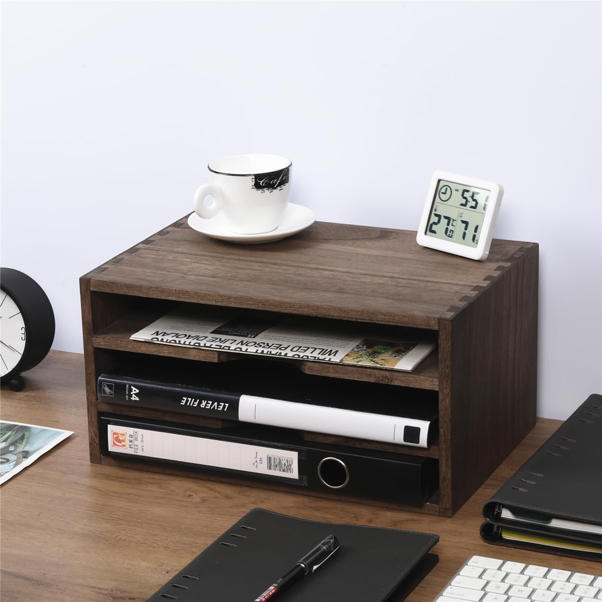 3-Tier Paper Storage Letter Tray File Sorter - Wood Desktop Document Organizer Holders with Mail Sorter, School & Home Magazine File Dividers for Office Accessories Dark(SJ3K-DK)