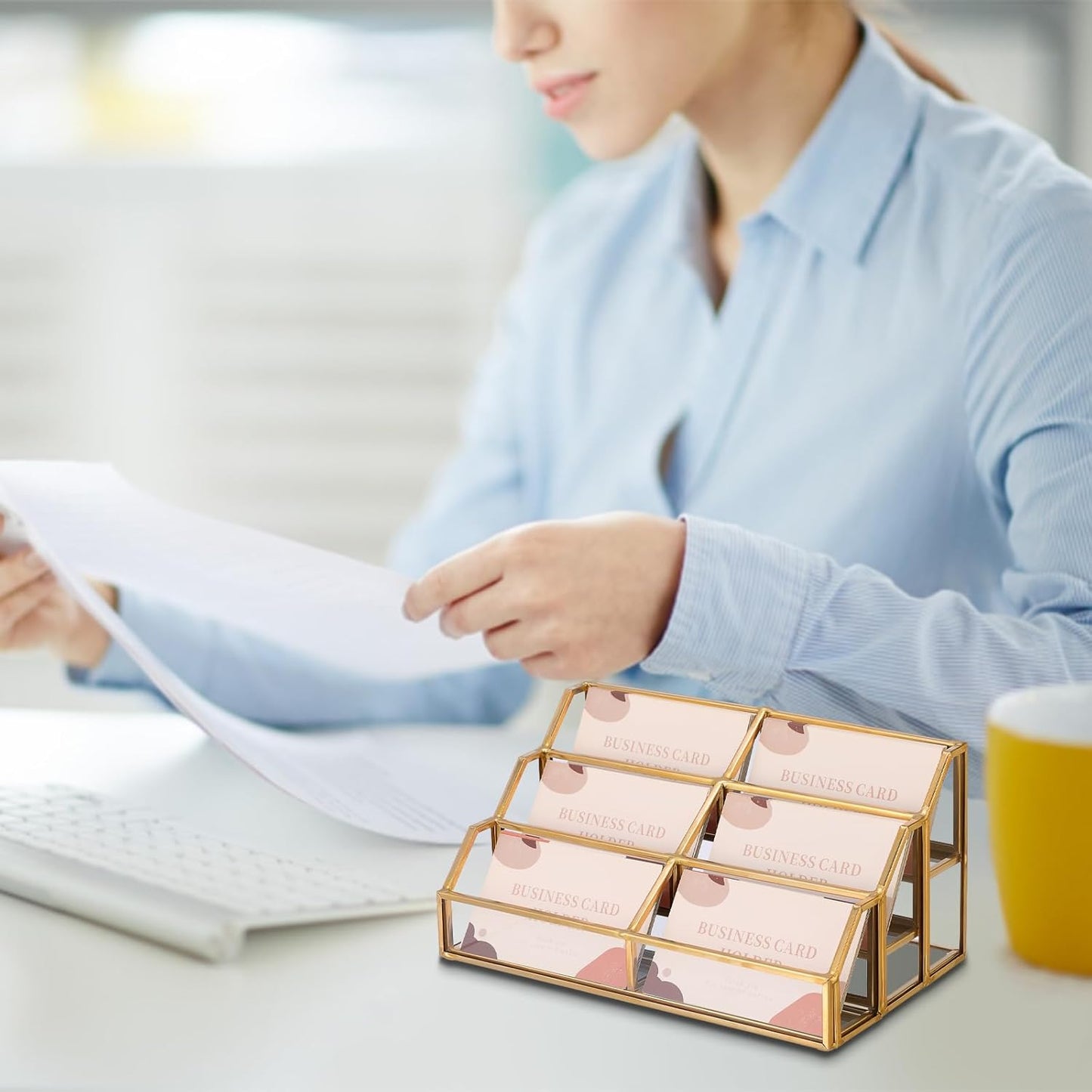 Hipiwe Gold Metal Desk Business Card Holder Glass Name Card Display Organizer 3 Tiers 6 Slot Business Card Stand for Exhibition Office Desktop