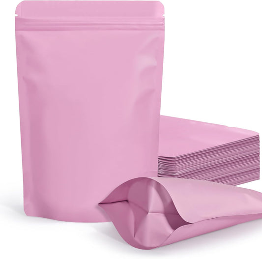 100 Pack Resealable Stand Up Bags,7.1" x 10.2" Smell Proof Pouch Sealable Foil Pouch Bags for Packaging (Pink)