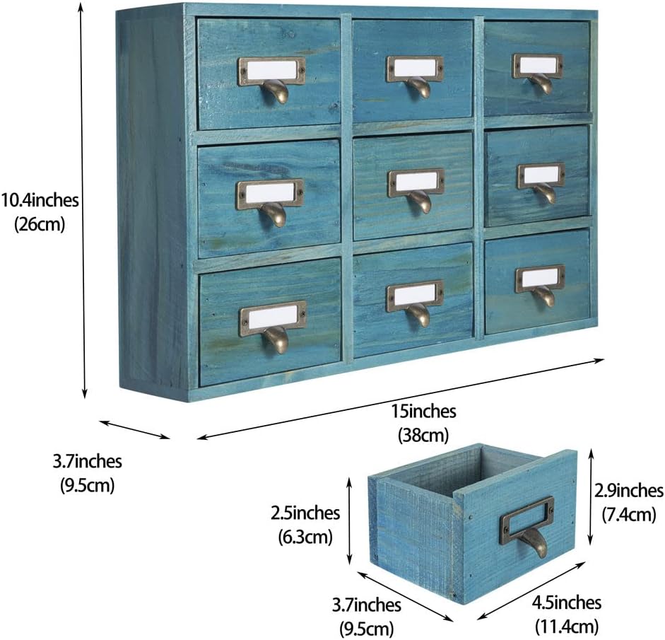 9 Drawers Library Card Catalog Cabinet with Labels Apothecary Cabinet Tabletop Apothecary Chests and Cabinets Herb Storage Box Wooden Desk Drawer Organizer Medicine Vintage Furniture(Blue)