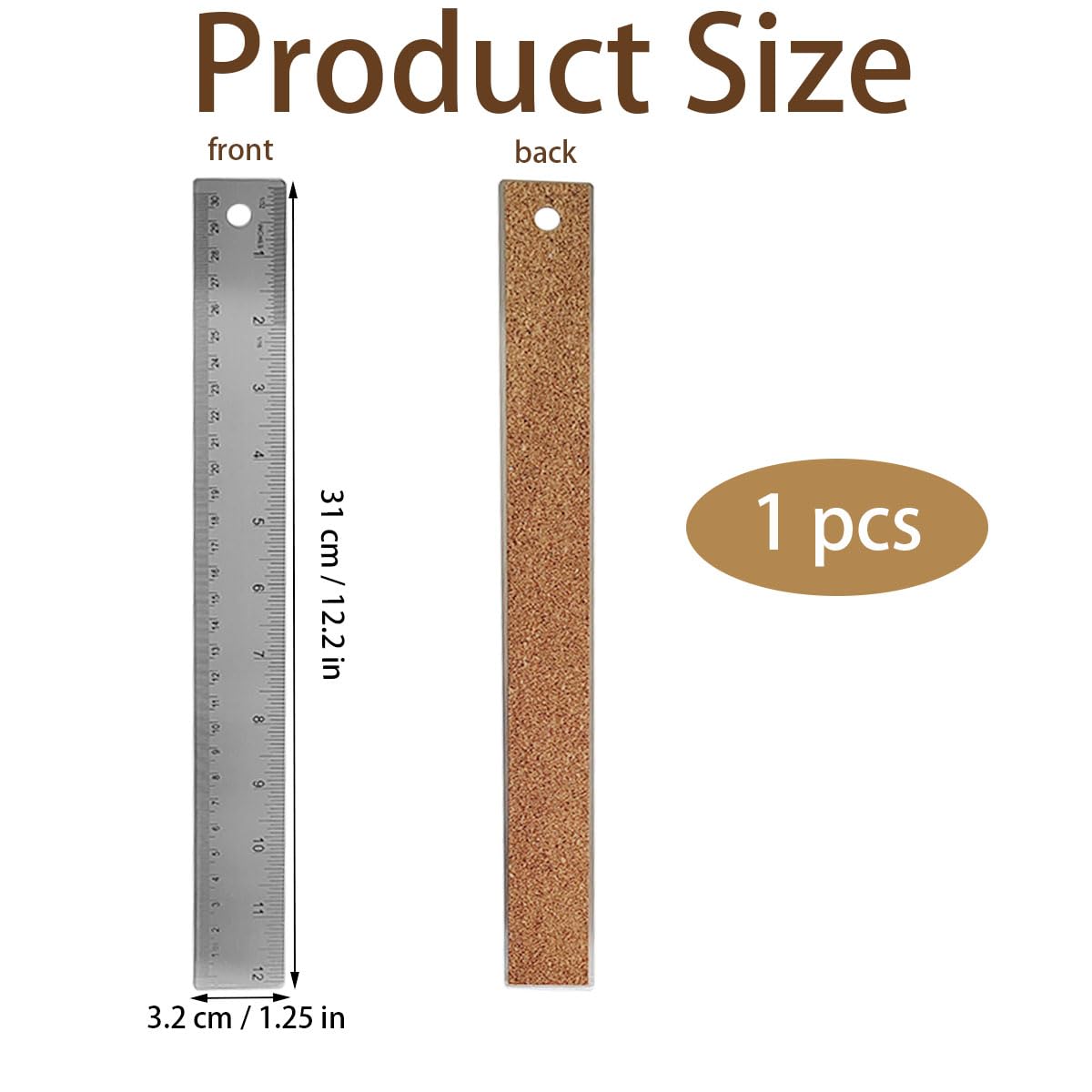 12-Inch Stainless Steel Metal Ruler with Non-Slip Cork Backing - 1 Pack