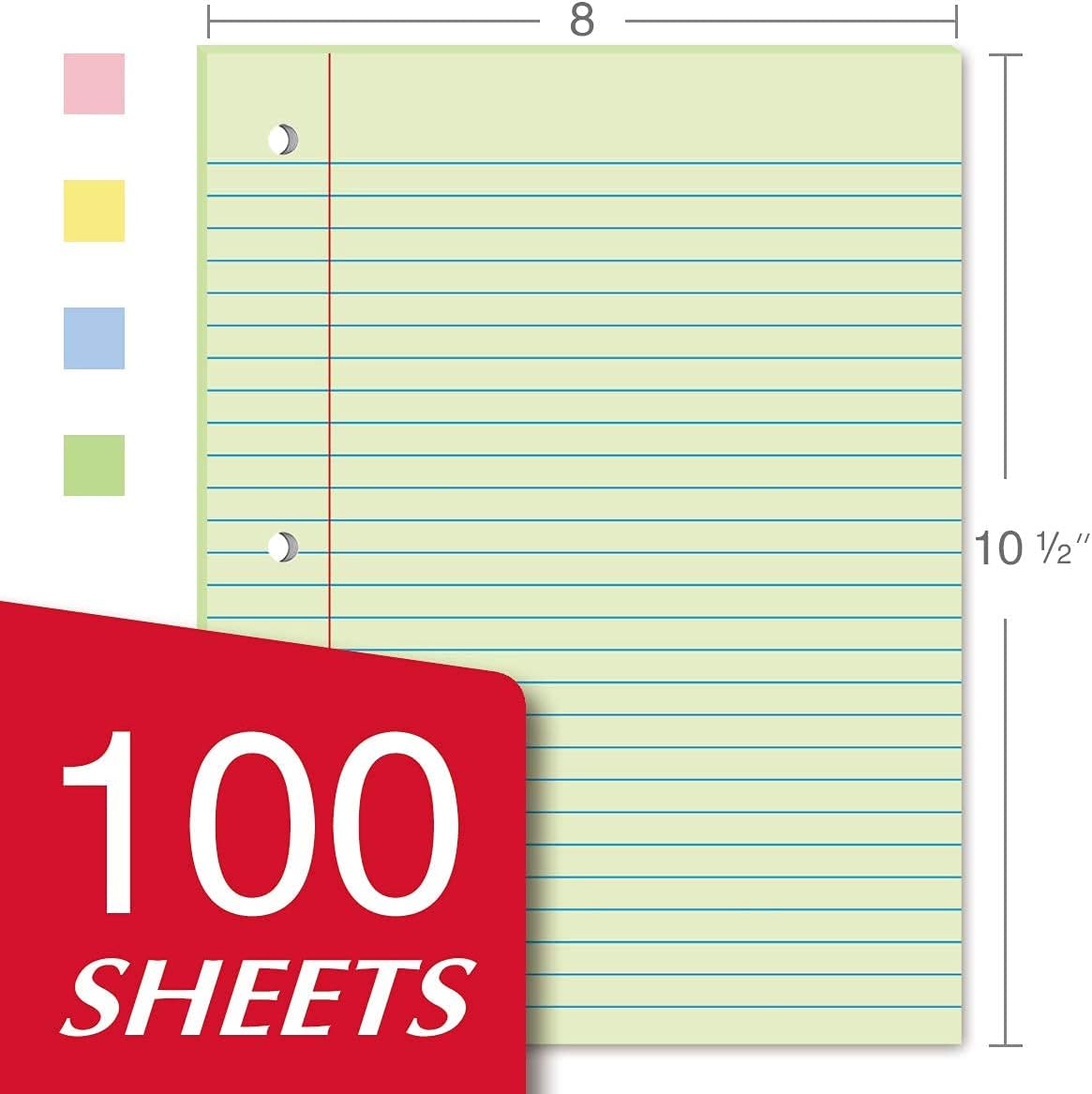 Kaisa Filler Paper Colored loose Leaf Paper, Wide Ruled 8x10.5in Colored Paper, 3-Hole Punched for 3-Ring Binders,100Sheets/pack 4Packs, FC10001W