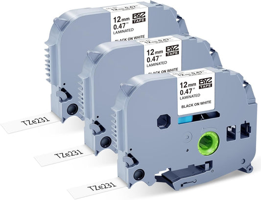 3PK 12mm 0.47 Laminated White Tape TZE-231 Replacement for Brother P Touch Label Tape TZe-231 12 mm .47 Label Maker Refills Work for Brother Ptouch PTH110 PTH103w PTD210 PTD220 PT1280