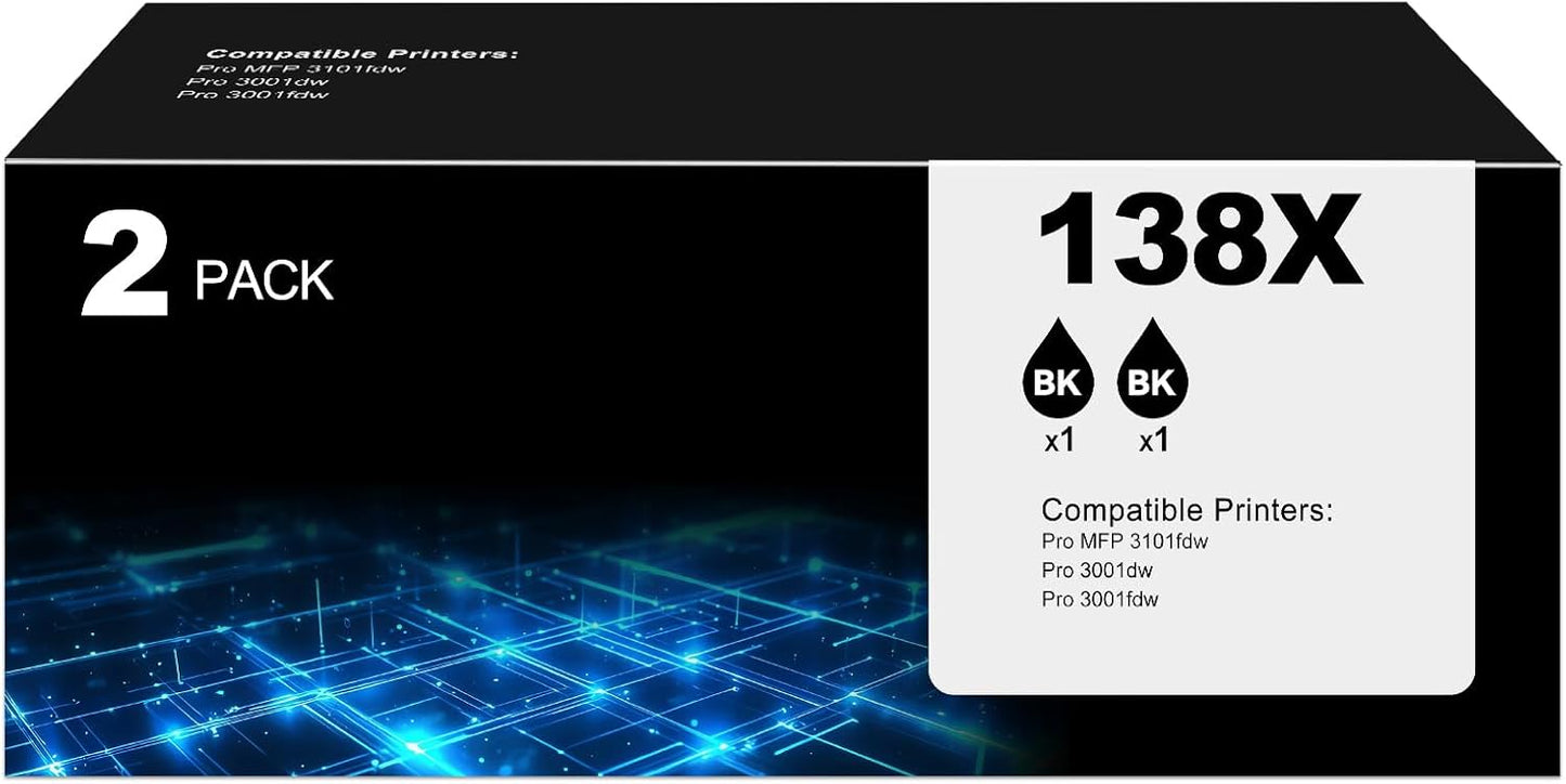 138X Black Toner Cartridge Pro MFP 3101fdw Black Toner Compatible for HP 138X Black Toner Cartridge for HP138X W1380X for Pro 3001dw 3101sdw Toner 2 Pack (with Chip)