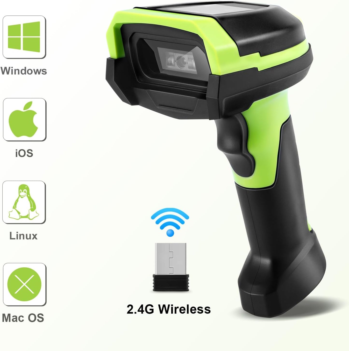 Barcode Scanner Wireless, 1D CCD Automatic Bar Code Scanner with Display Screen, Rechargeable Handhold Barcode Reader with 2.4G Receiver & USB Wired Plug and Play (Green)