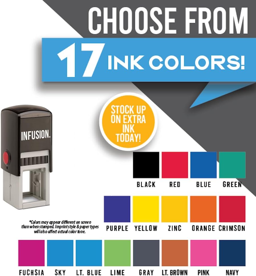 Infusion Self-Inking Custom Rubber Stamp (Personal or Business Use) - Choose from 16 Colors (1-3/16" x 1-3/16")