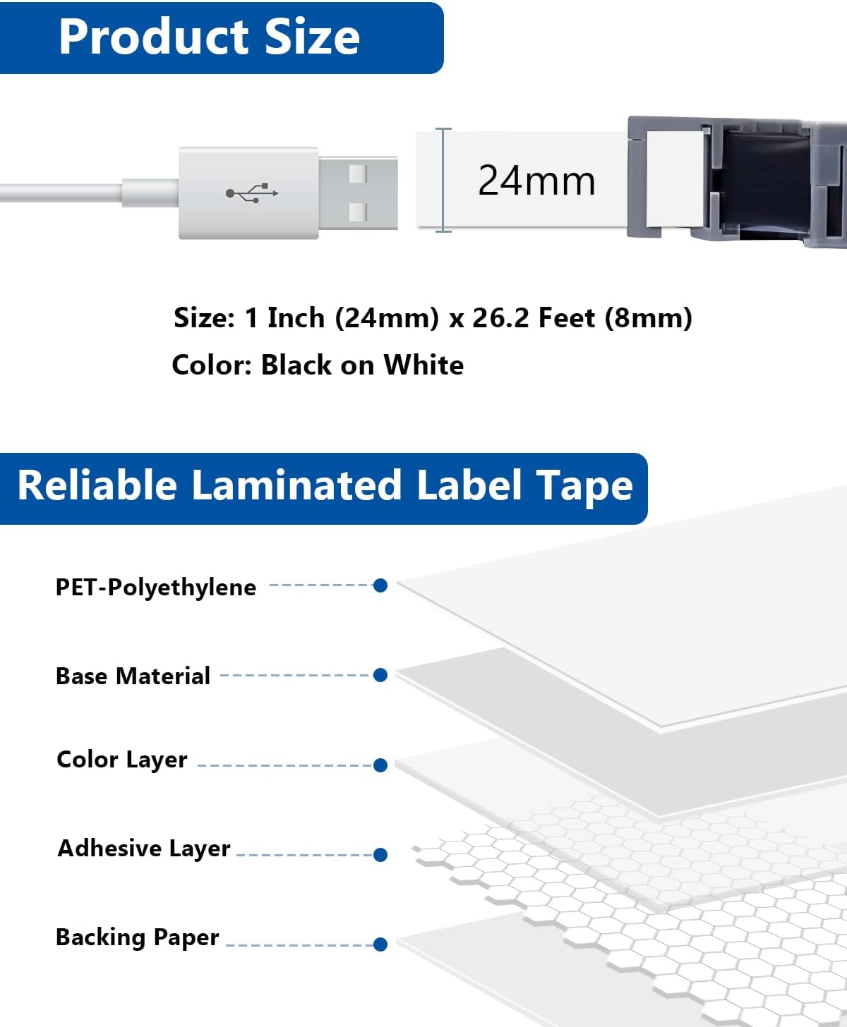 24mm .94 Laminated White TZ Tape Compatible with P Touch Label Tape 1 Inch TZe-251 TZe251 TZ251 Refills for Ptouch PT-D600 PT-D610BT PT-P710BT D400 (Black on White, 3-Pack)