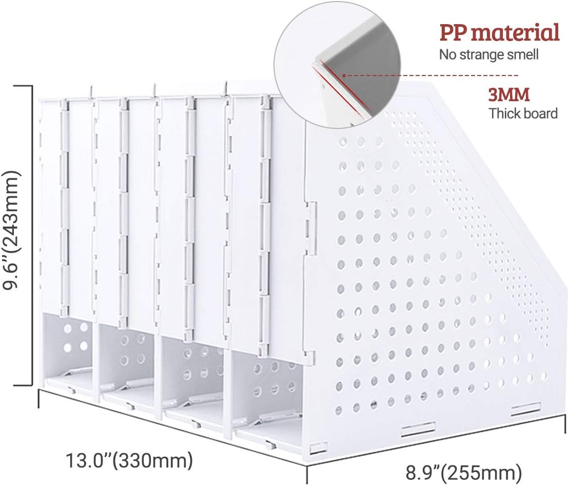 SAYEEC Collapsible Magazine Holder Plastic Desktop 4 Compartment File Desk Magazine Organizer Vertical File Divider Sorter Storage Document Organizer for Office Home School Gray