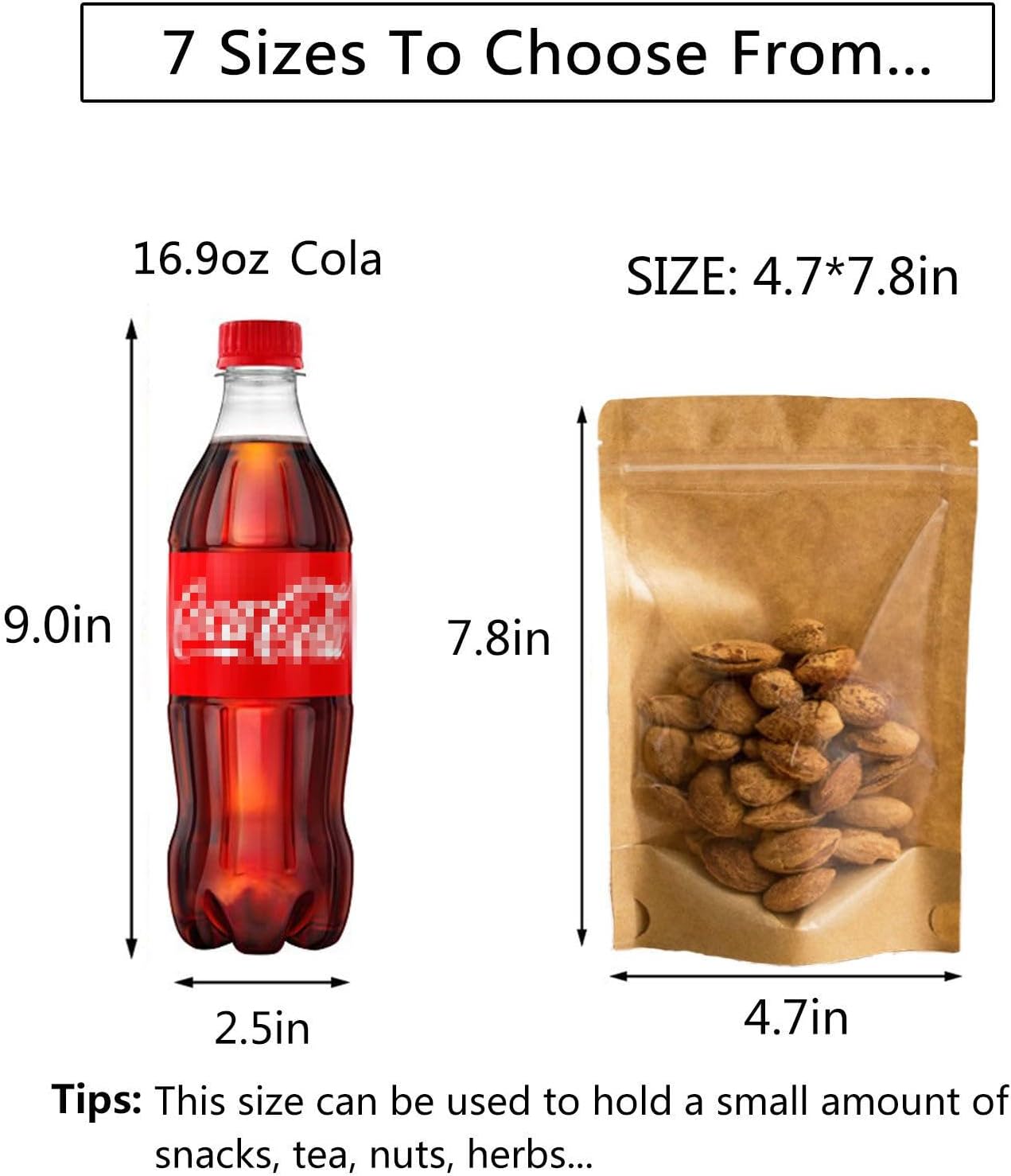 50pcs Kraft Bags With Window Clear Fornt Pouches Resealable Stand Up Zip Lock Food Storage Bags Brown 4.7"x7.8"