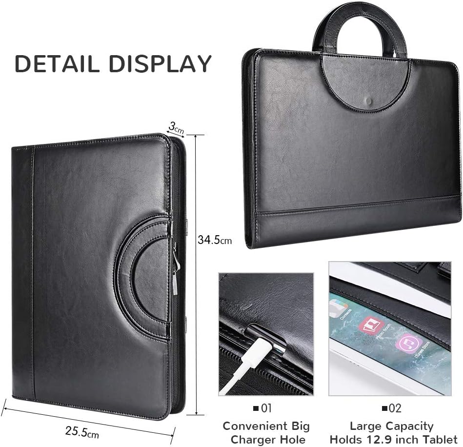 Darolin Zippered Leather Padfolio Portfolio with Hidden Handle and Clipboard, Business Conference Organizer Notepad Folder, Portfolio Bag, Padfolio for Women/Men (Black)