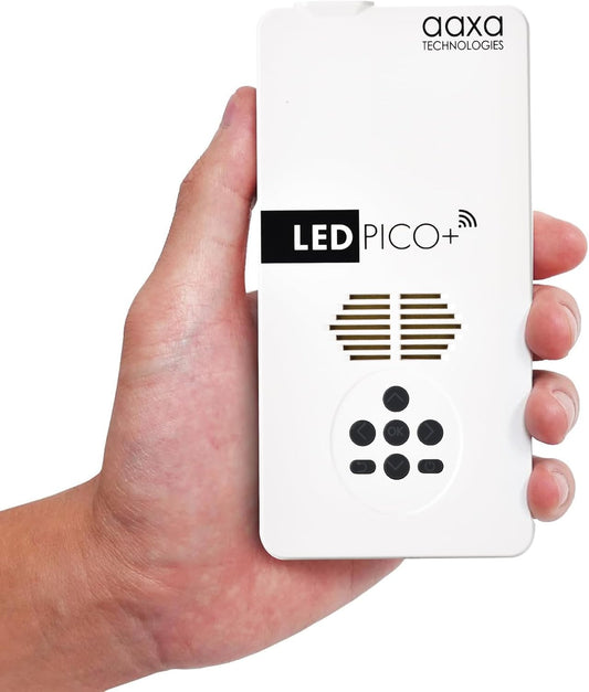 AAXA LED Pico+ MAX Mini Projector, 2.7 Hour Battery, DLP Native 1080P, Wireless Mirroring, Mini-HDMI, Media Player & Speakers, Bluetooth, Micro SD/USB, Pocket Size Portable Movie/Cookie Projector