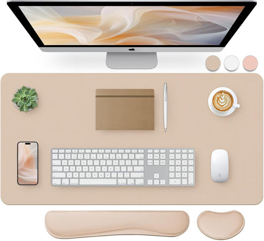 Bloss Leather Desk Pad and Keyboard Wrist Rest, Large Mouse Pad + Keyboard Pad+Mouse Wrist Support, Non-Slip Desk Mat Protector for Office, Home(31.5×15.7 Inches,Beige)